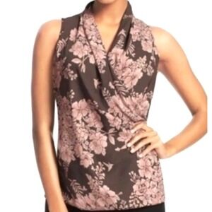 CABI Women's Large Brown Pink Floral Sleeveless Blouse Tank  Tunic Top Faux Wrap
